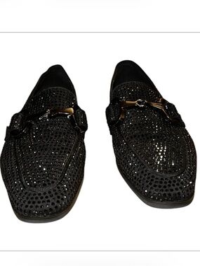 Antonio Parriego Black Crystal-Studded Slip-On Loafers with Gold Horsebit